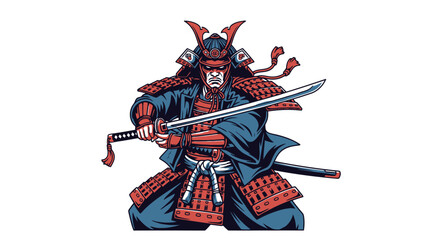 Obraz premium Fierce Samurai Warrior Illustration with Katana Sword and Detailed Armor for Martial Arts and Japanese Culture Design Projects