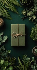 A dark-green gift box, simply tied with twine, sits centered amongst an array of lush green foliage and small potted plants on a matching deep green background