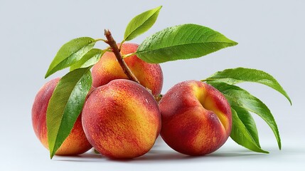 Fresh peaches with leaves, close-up.  Four ripe peaches, vibrant red-orange hues, clustered on a branch with lush green leaves.  Slight water droplets 