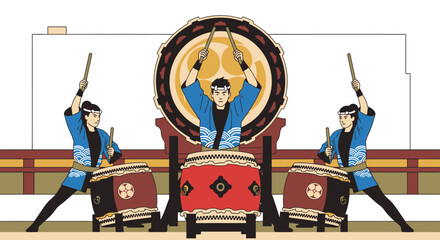 Vibrant Taiko Drum Performance Illustration Showcasing Japanese Cultural Heritage and Musical Artistry for Educational and Promotional Purposes.
