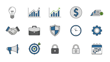Illustration of business and financial icons including graphs, lightbulb, handshake, and more symbols