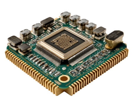 Powerful microchip processor showing future AI computer technology. This hardware circuit CPU component represents innovation in modern electronics and data processing