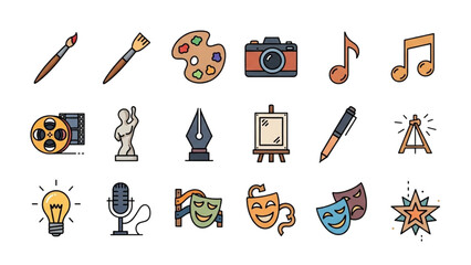 Collection of diverse art and creative icons including painting music and performing arts tools shown