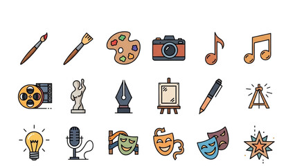 Collection of arts and entertainment icons including painting, music, film, and performing arts