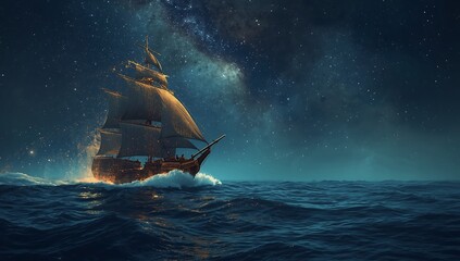 A pirate ship sailing under a dramatic evening sky as the sun sets over the ocean's horizon