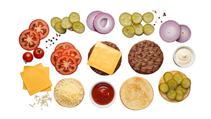 Overhead view of burger ingredients including tomato, cheese, patty, pickles, onion and condiments