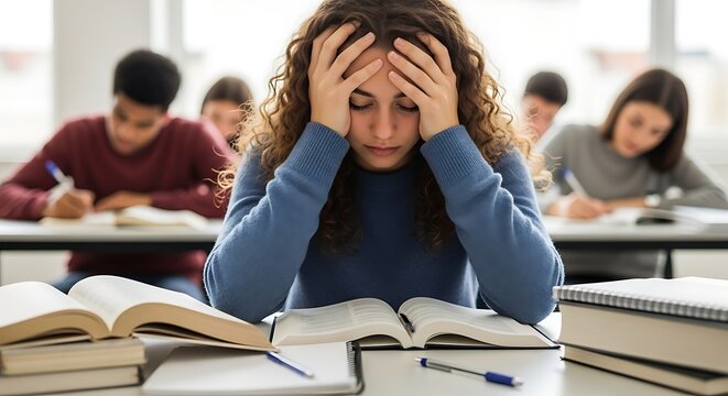 Overwhelmed female student experiencing stress during intense exam preparation in a classroom. Represents burnout, mental health challenges, and academic pressure.
