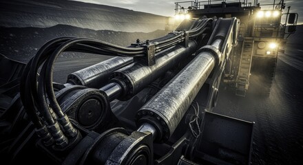 Fototapeta premium Powerful Hydraulic Machinery on a Mine Site at Dawn, Illuminated by Headlights and Dust, Showing Rugged Industrial Detail