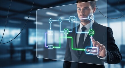 Businessman interacting with futuristic interface showcasing data flow and automation processes