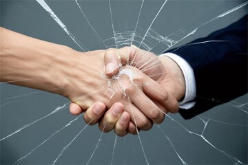 Handshake behind broken glass surface. Doubt and betrayal