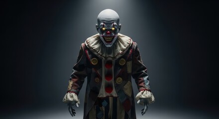 Nightmarish stage clown with glowing eyes and a menacing grin lurking in the darkness