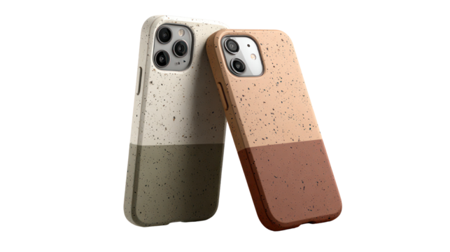 Two eco friendly phone cases in different colors isolated on transparent background