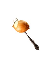 Onion on fork isolated on white background. Typical Guatemalan food