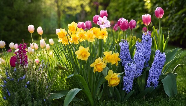 Wiosenne Kompozycje Kwiatowe W Ogrodzie Tulipany Narcyze Hiacynty I Jaskry Na Tle Soczystej Zieleni