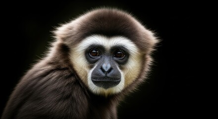 Obraz premium Serene gaze a portrait of a lar gibbon against a stark black backdrop showcasing its unique facial