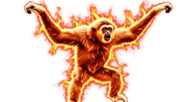 Captivating digital art of a dynamic fiery gibbon monkey with outstretched arms against white - Powered by Adobe