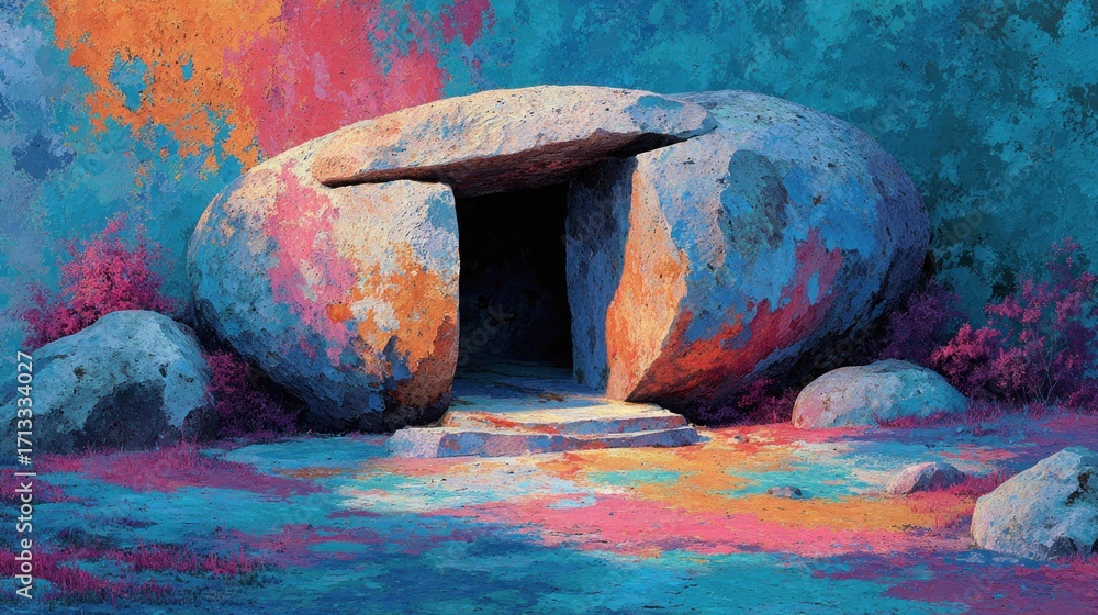 Poster an abstract painting depicting a stone structure with a colorful environment no commas or special