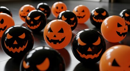 Spooky spheres with menacing jack-o'-lantern faces creating an eerie seasonal atmosphere