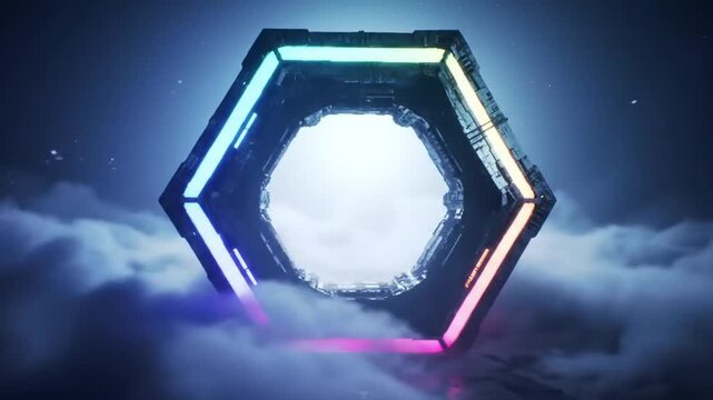 A futuristic hexagonal structure floats above a sea of clouds, illuminated with vibrant colors.