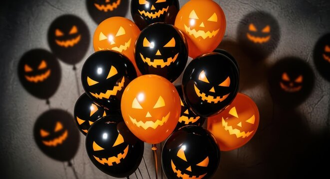 Spooky halloween party balloons with creepy pumpkin face designs and dramatic shadows against a