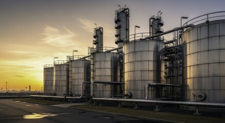 Obraz premium Industrial Plant with Large Storage Tanks and Processing Towers at Golden Hour Sunset, Highlighting Energy Infrastructure