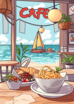 Cartoon anime style Seaside coffee cafe shop drink, umbrella, cocktail, summer 