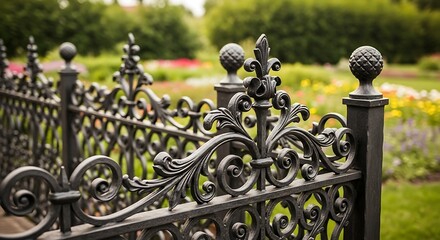 Ornate Black Iron Fence in a Lush Green Garden Setting.