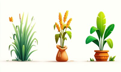 Three cartoon plants grass, grain, and houseplant