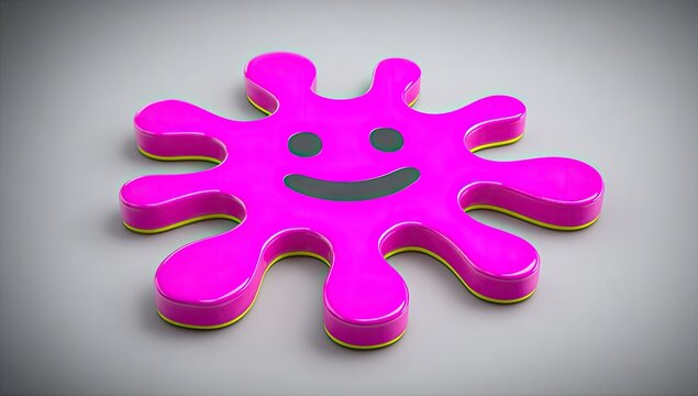 3D render of a bright pink blob, radiating outwards, with a happy face
