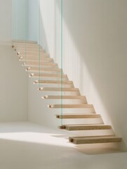 Contemporary floating wooden staircase with a minimalist glass balustrade in a sunlit interior.