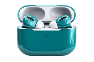  Teal wireless earbuds with glossy charging case isolated PNG