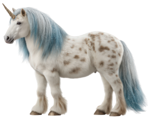 Majestic white unicorn with beautiful blue mane. This fantasy creature, mythical horse sculpture, stands gracefully isolated. fairytale animal showing power and wonder