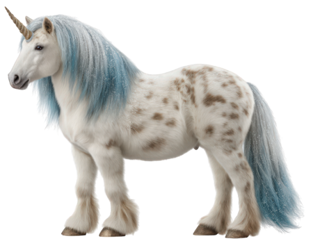 Majestic white unicorn with beautiful blue mane. This fantasy creature, mythical horse sculpture, stands gracefully isolated. fairytale animal showing power and wonder - Powered by Adobe