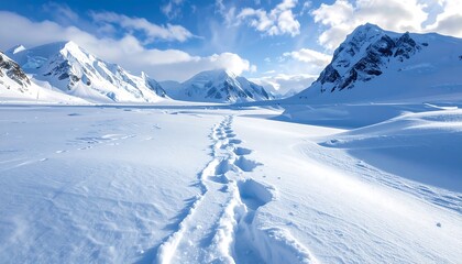 A vast expanse of pristine white snow stretches across the landscape, revealing clear footprints leading towards snow-capped mountains under a vibrant blue sky.
