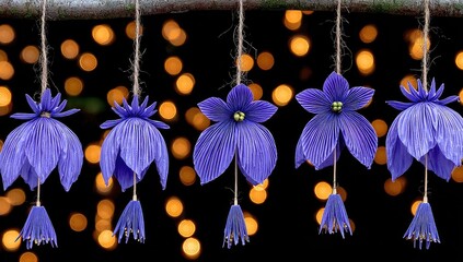 Five purple flowers hang, strung, against a dark, bokeh background