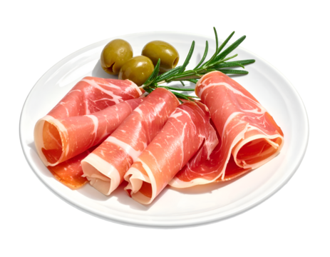 rolled slices of delicious jamon, olives and rosemary isolated on transparent png - Powered by Adobe