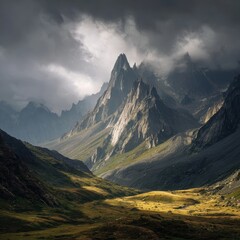 Dramatic Alpine Peaks and Valley, Sunlit Meadow, Cloudy Sky
