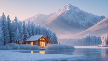 Serene photorealistic 8K winter landscape featuring a frosted pine island, glowing wooden cabin, frozen reflective lake, and towering alpine mountains under soft blue-purple dawn light, perfect for pr