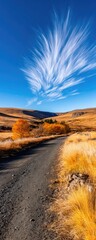 Country road winds through autumnal landscape under a dramatic sky