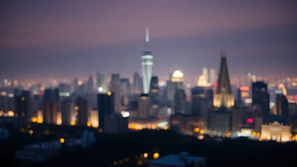 Fototapeta premium A vibrant city skyline illuminated by glowing lights against a softly blurred night backdrop.