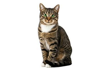 Domestic shorthair tabby cat sitting attentively isolated on transparent cutout background, cut out, png