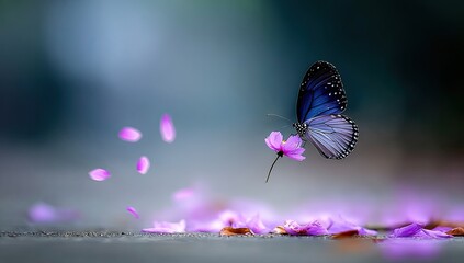 Purple butterfly hovers near pink blossoms