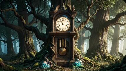 A grandfather clock in a misty forest clearing mosscovered roots  glowing mushrooms - Powered by Adobe