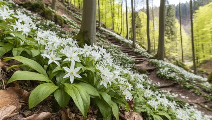 Forest path covered in white flowers