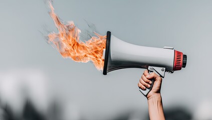 A hand holds a megaphone engulfed in flames against a hazy sky