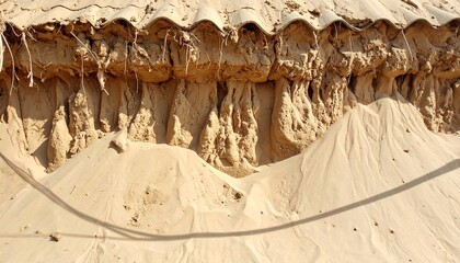 A detailed close-up view of a sand dune with sculpted patterns and a weathered, layered structure.