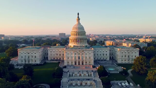 Aerial view of the US Capitol building at sunrise