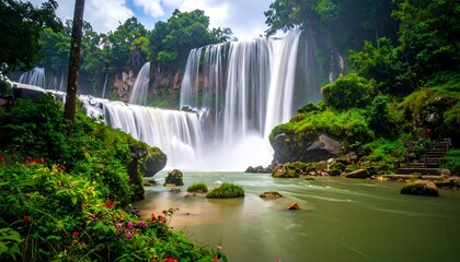 Lush greenery surrounds a cascading waterfall, creating a tranquil and serene scene.