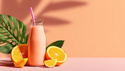 Fototapeta premium A glass bottle of peach-colored smoothie with a pink straw sits beside sliced oranges and a tropical leaf against a peach background with shadows