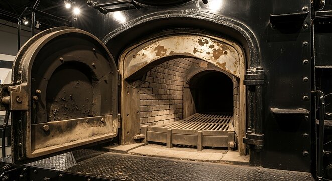 Interior of an industrial crematorium furnace with open doors.
